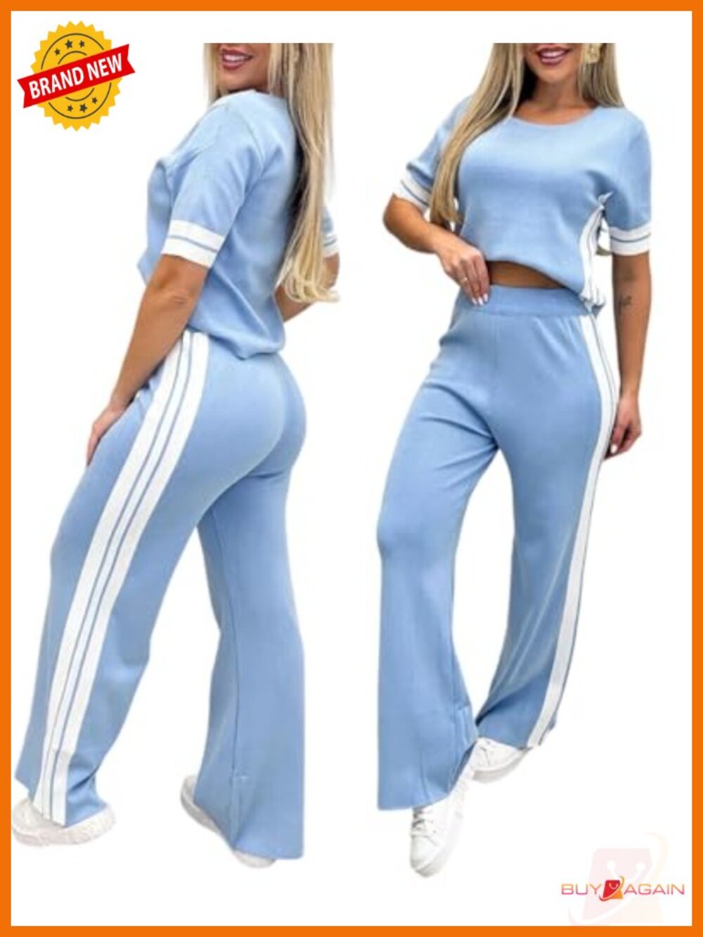 Women's 2 Piece Knit Short Sleeve Sweat Suit Wide Leg Set
